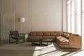 Sunset in contemporary white interior with leather furniture and