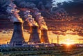 Sunset at the Cooling Towers: Nuclear power plant at dusk, a photorealistic landscape with industrial vibes Royalty Free Stock Photo