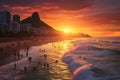 Sunset at Copacabana beach, Rio de Janeiro, Brazil, Ipanema beach in Rio de Janeiro on a gorgeous sunset, AI Generated