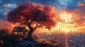 Sunset Cottage, Hilltop Tree, Cityscape, Fantasy Royalty Free Stock Photo