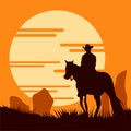 Sunset cowboy silhouette with cactus free vector