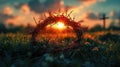 Sunset through a crown of thorns over a field, emphasizing sacrifice, faith Royalty Free Stock Photo