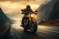 Sunset cruise Motorcycle rider in the mountains during evening time