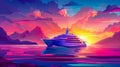 At sunset, a cruise ship is sailing in the sea and surrounded by mountains Royalty Free Stock Photo