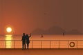 Engaged couple on the deck of a cruise liner, view from the ship to the sea or ocean, mountains and birds