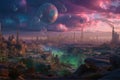 Sunset 3D City of the future. Alien cities, scifi, science fiction, other worlds, alien civilization, cities on other planets, sci