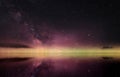 sunset and dark starry sky at night at sea water wave reflection nebula milky way cosmic background