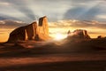 Sunset in the Dasht-e Lut Desert. Beautiful rays under the rocks. Iran. Kerman.