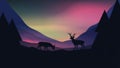 Sunset or Dawn Over Mountains with Stag on Hill Top Landscape -