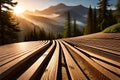 Sunset or dawn in a pine forest with wood plank on the way of the ground. Royalty Free Stock Photo