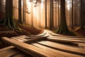 Sunset or dawn in a pine forest with wood plank on the way of the ground. Royalty Free Stock Photo