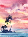 A sunset or dawn tropical landscape with a small island with pal