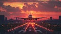 Sunset Departure: Passenger Plane Takes Off on Runway - This title conveys the concept of travel and adventure Royalty Free Stock Photo