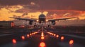 Sunset Departure: Passenger Plane Takes Off on Runway - This title conveys the concept of travel and adventure Royalty Free Stock Photo