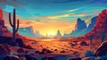 A sunset in a desert with cactus plants and rocks. Modern cartoon landscape of a highway in Arizona or Mexico with Royalty Free Stock Photo