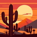 Sunset in the desert with cactuses. Flat vector illustration. AI generated