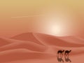 Sunset desert dunes with camels landscape background. Simple flat minimalism vector illustration Royalty Free Stock Photo