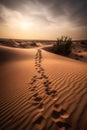 Sunset in the desert with footprints in the sand dunes.