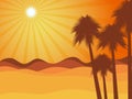 Sunset in the desert with palm tree. Desert landscape. Royalty Free Stock Photo