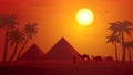 Sunset in the desert with the pyramids in background. Vector illustration for arabic design. Man leading caravan of camels. Royalty Free Stock Photo