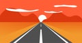 Sunset desert road way landscape vector graphic illustration flat cartoon simple background, red orange sunrise highway scenery Royalty Free Stock Photo