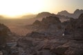 Sunset during Desert tour through sand dunes of Wadi Rum wilderness, Jordan, Middle East, hiking, climbing, driving