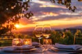 Sunset dining setup with wine glasses in a vineyard Royalty Free Stock Photo