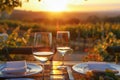 Sunset dining setup with wine glasses in a vineyard Royalty Free Stock Photo