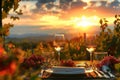 Sunset dining setup with wine glasses in a vineyard Royalty Free Stock Photo