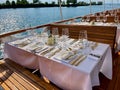 Sunset dinner on board of historic steamer on Lake of Constance, Vorarlberg, Austria.