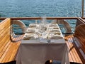 Sunset dinner on board of historic steamer on Lake of Constance, Vorarlberg, Austria.