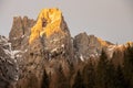 Sunset in the Dolomites, Italy. The peaks are illuminated by the setting sun. Winter mountains in Civetta, Italian dolomites Royalty Free Stock Photo