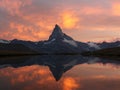 Sunset with dramatic alpenglow at the high mountain lake Stelisee with Matterhorn Royalty Free Stock Photo