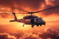 Sunset drop military commando helicopter descends during dramatic evening skies