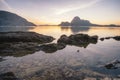 Sunset in El Nido, beautiful Cadlao island and low tide with surface reflection in foreground. Palawan island, Philippines Royalty Free Stock Photo