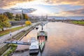 Sunset on Elbe river with panorama of Cathedral of the Holy Trinity or Hofkirche, Bruehl`s Terrace or The Balcony of Europe