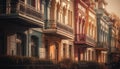 Sunset elegance on old fashioned balcony in historic cityscape generated by AI