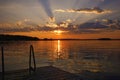 sunset embankment sun clouds lake reflection water Royalty Free Stock Photo