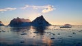 Sunset at the entrance of the Lemaire channel in Antarctica.