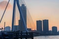 Sunset at the Erasmus bridge Rotterdam Royalty Free Stock Photo