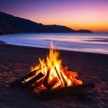 Sunset evening night bonfire campfire fire wood at sea ocean coast beach Adventure vacation trip camping Graphic