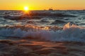 Sunset, evening, sea, waves, sand, travel, relaxation, ship Royalty Free Stock Photo