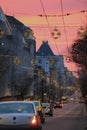 Sunset and evening traffic on the main boulevard in downtown Bucharest, Romania, 2020 Royalty Free Stock Photo
