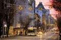 Sunset and evening traffic on the main boulevard in downtown Bucharest, Romania, 2020 Royalty Free Stock Photo