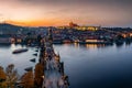 Sunset evening view over the gothic style Charles Bridge in Prague, Czech Republic Royalty Free Stock Photo