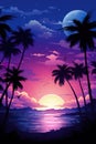 sunset at exotic tropical beach with palm trees and sea, colorful illustration in style of purple and orange nature Royalty Free Stock Photo