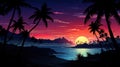 sunset at exotic tropical beach with palm trees and sea, colorful illustration in style of purple and orange nature Royalty Free Stock Photo