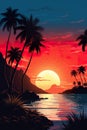 sunset at exotic tropical beach with palm trees and sea, colorful illustration in style of purple and orange nature Royalty Free Stock Photo