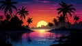 sunset at exotic tropical beach with palm trees and sea, colorful illustration in style of purple and orange nature Royalty Free Stock Photo