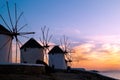 Sunset with famous windmills on Mykonos island Royalty Free Stock Photo